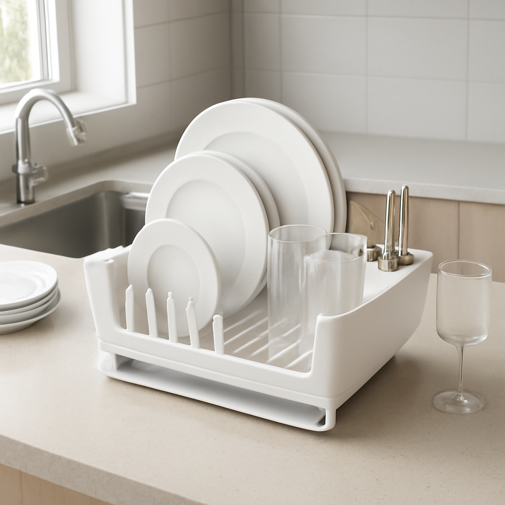 Escorredor compacto que otimiza espaço e facilita a organização da cozinha