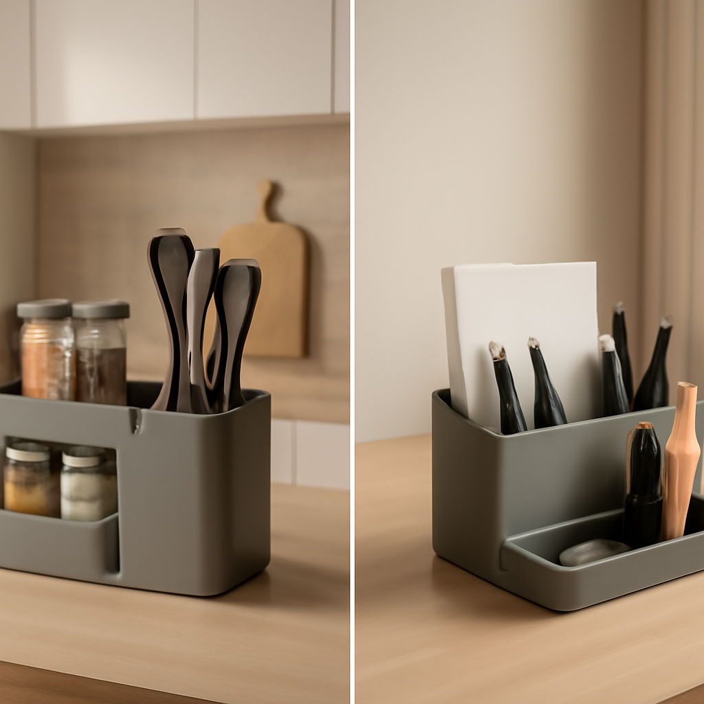 Organizador multifuncional que facilita a arrumação da cozinha e do escritório