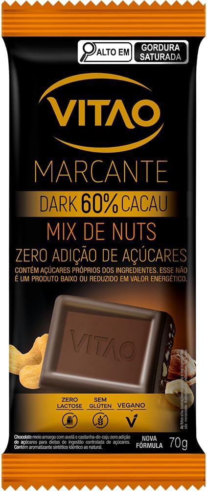 Vitão Dark 60% cacau com nuts zero açúcar, 70 g — R$16,05 (de R$24,89)