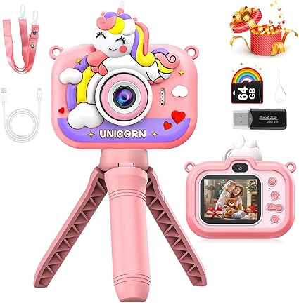 Câmera Infantil Selfie 2″ IPS 1080P: Unicórnio Rosa, R$91,19 à vista