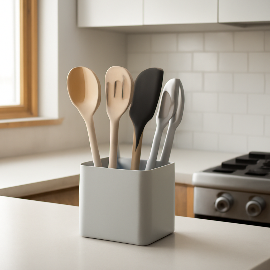 Suporte compacto para utensílios que otimiza a organização da cozinha