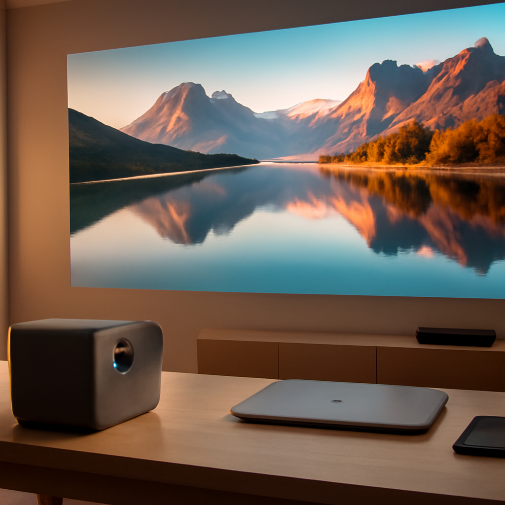 Projetor inteligente portátil que oferece imagem 4K e conectividade avançada para entretenimento e trabalho
