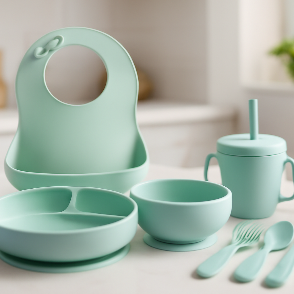 Kit bebê em silicone que garante segurança praticidade e higiene nas refeições diárias