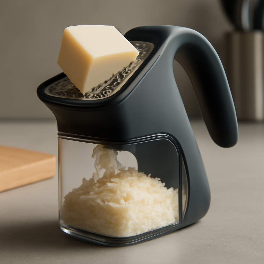 Ralador de queijo compacto com reservatório que facilita o preparo e mantém a cozinha limpa