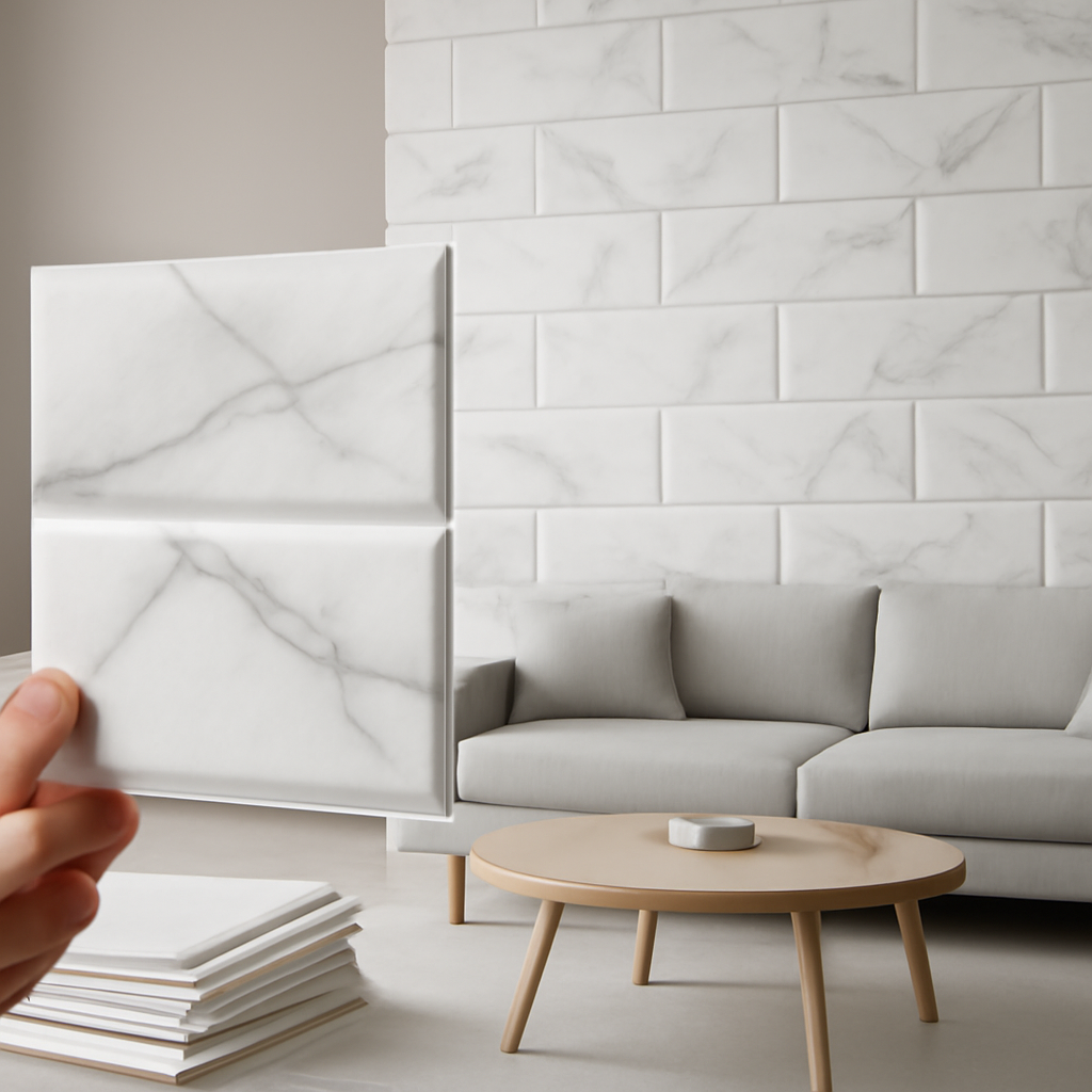 Kit placa adesiva 3D mármore que renova paredes com praticidade e estilo na decoração doméstica