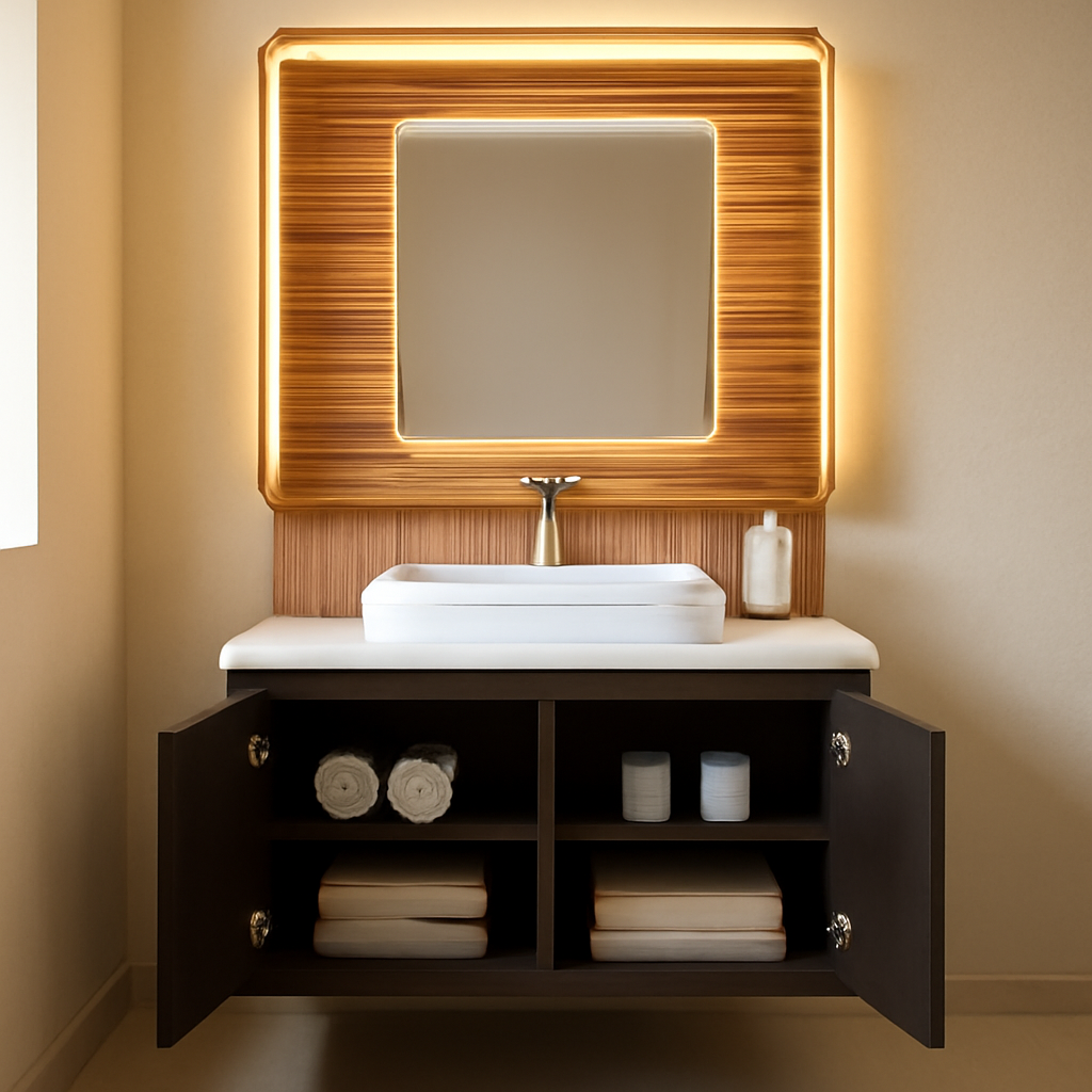 Gabinete suspenso com cuba que une design moderno e organização no banheiro