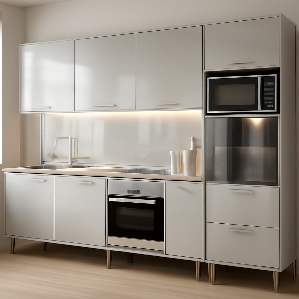 Cozinha completa funcional que otimiza espaço e organiza utensílios no dia a dia