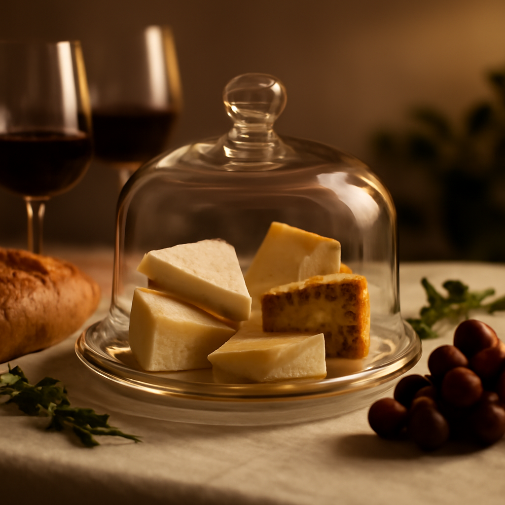 Queijeira de cristal com fio de ouro que preserva e valoriza queijos em ocasiões especiais