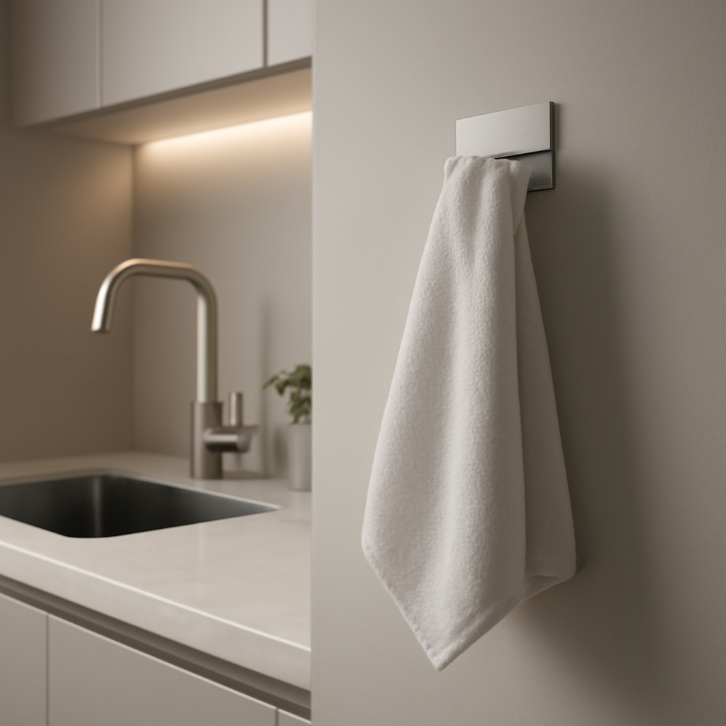 Toalha de microfibra com suporte que otimiza espaço e facilita o uso na cozinha