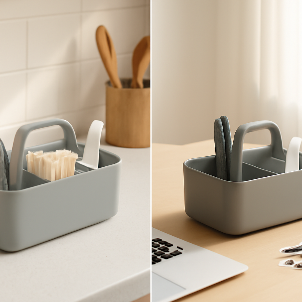 Organizador portátil que facilita a arrumação e o uso na cozinha e no escritório