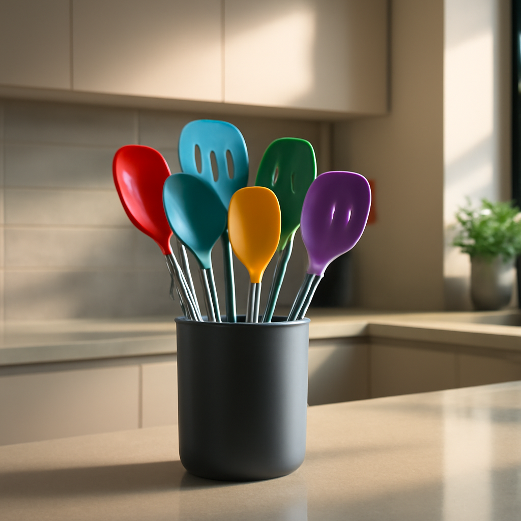 conjunto de utensílios de silicone que facilita o preparo na cozinha diária