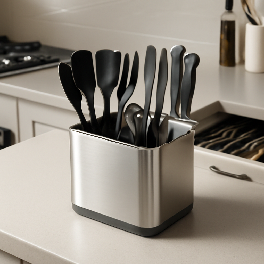 Organizador de utensílios que otimiza espaço e agiliza tarefas na cozinha