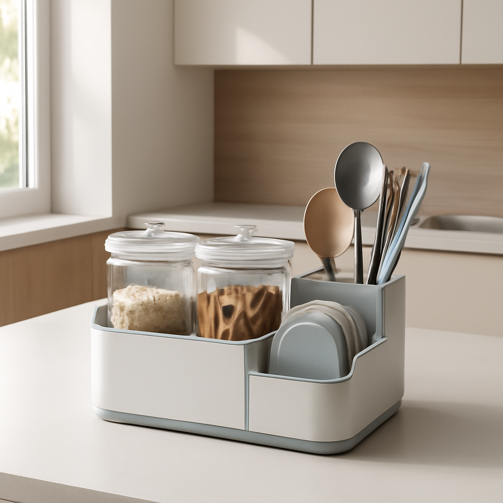 Organizador compacto que otimiza espaços na cozinha e facilita o dia a dia