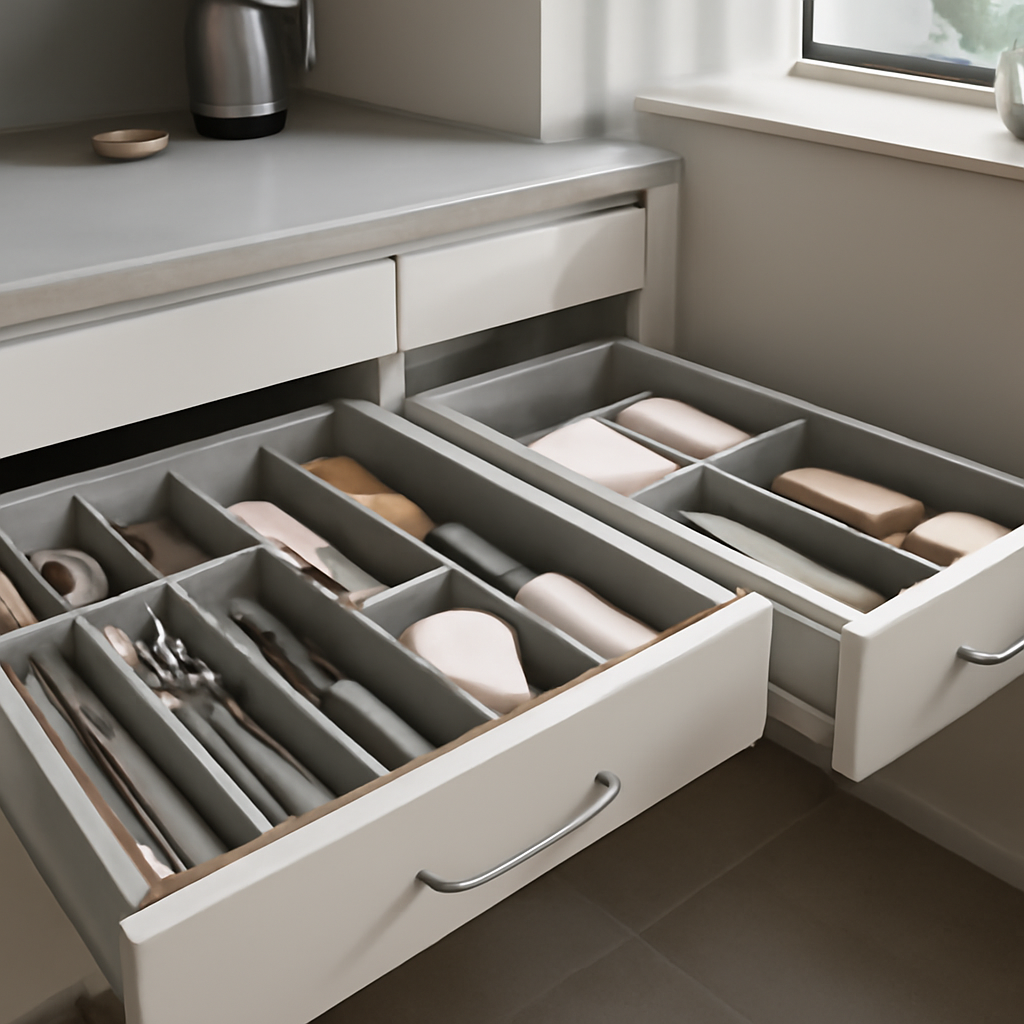 Organizadores ajustáveis para gavetas que otimizam o espaço na cozinha e banheiro