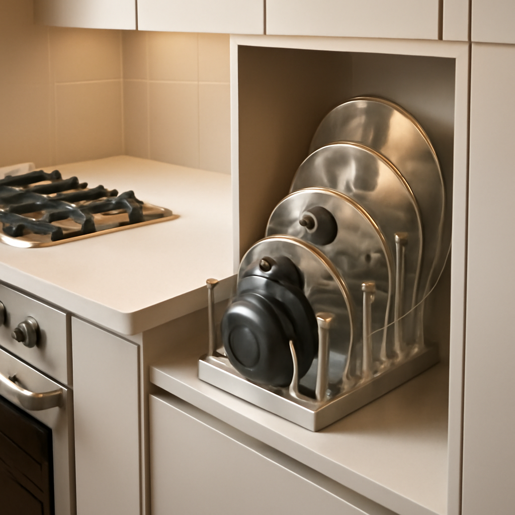 suporte de tampas que organiza a cozinha com praticidade e visual moderno