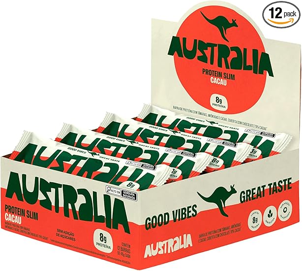 Australia Slim Cacau: 8g proteína vegana, 12 unid por R$72,75