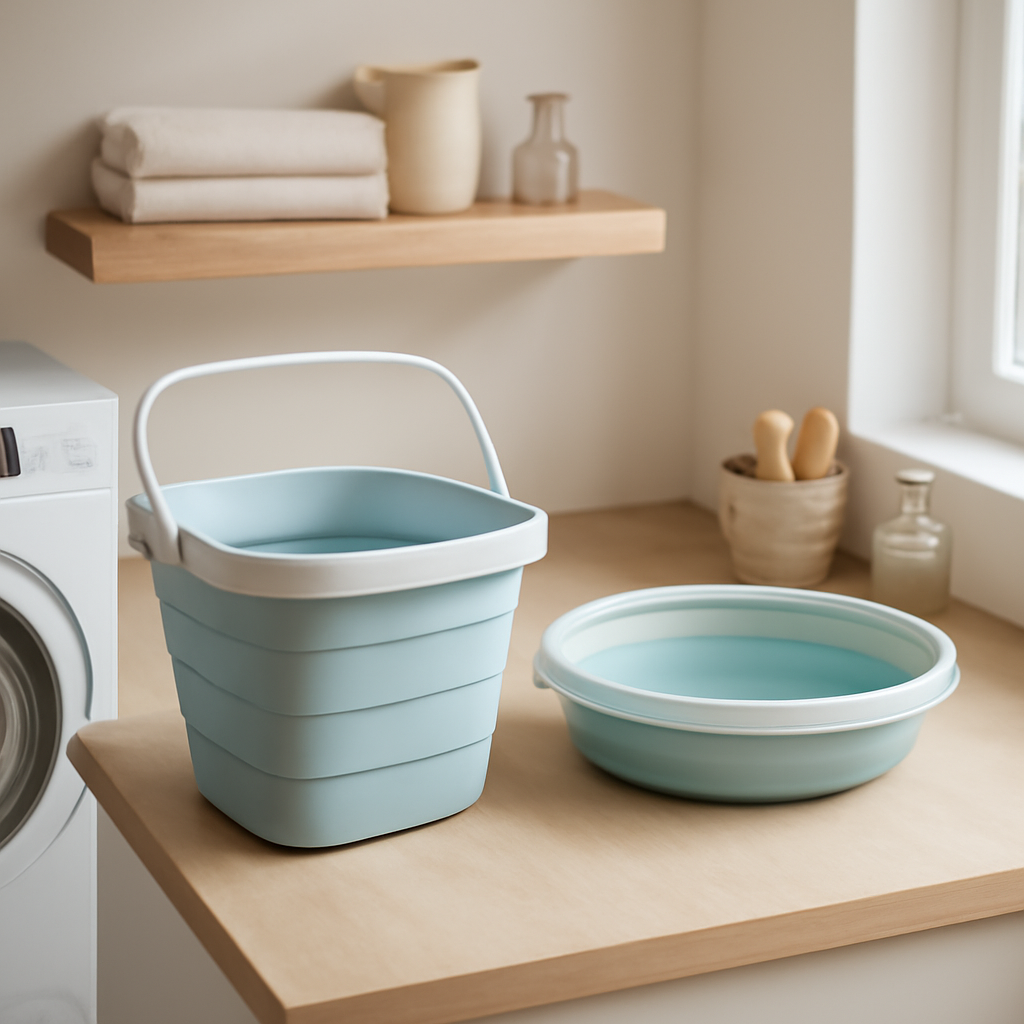 balde e bacia dobráveis que otimizam espaço e facilitam tarefas domésticas