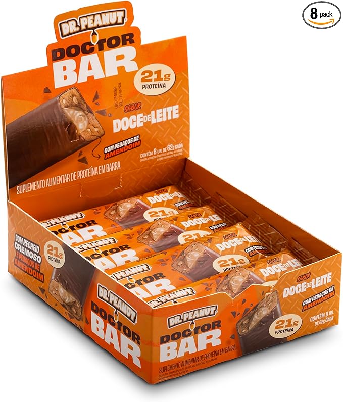 Display Doctor Bar 8x 62 g – Doce de Leite, 21 g proteina, R$79,90
